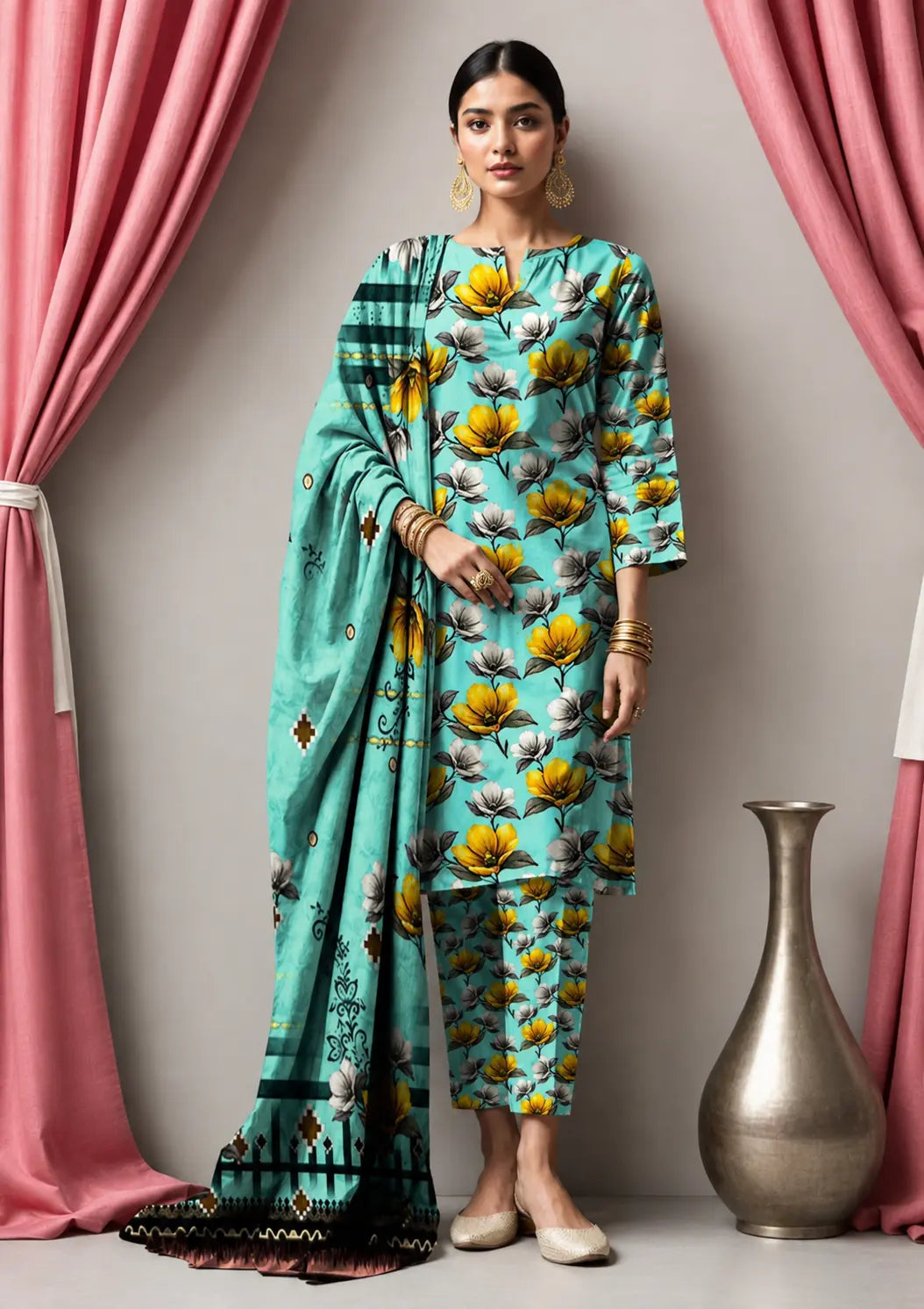 Winter Digital Printed Linen 3 Piece Unstitched Suit with Printed Linen Shirt Dupatta and All-Over Printed Trouser
