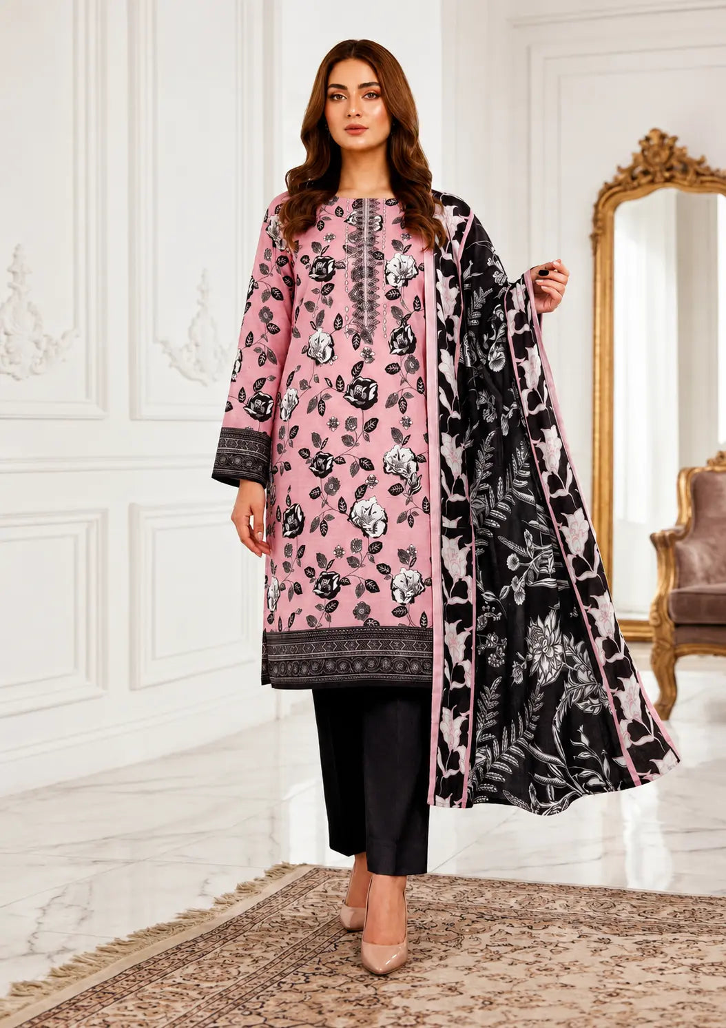 Winter Embroidered Dhanak 3 Piece Suit with Printed Gul Shawl and Dyed Trouser