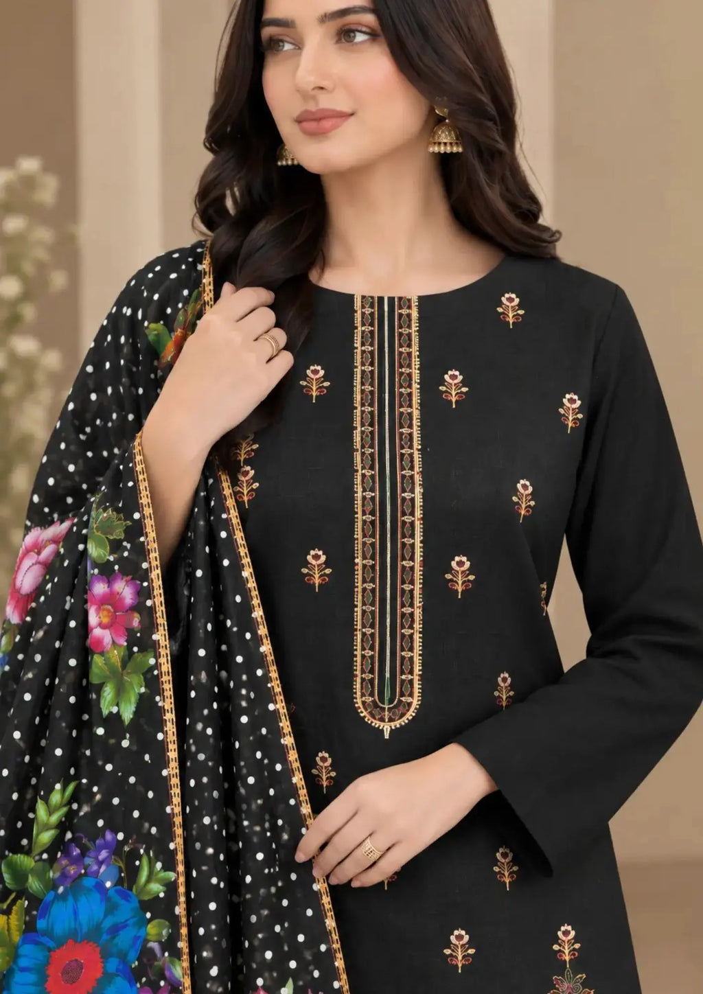 Embroidered Khaddar shirt paired with multicolor printed dupatta and matching plain trouser

