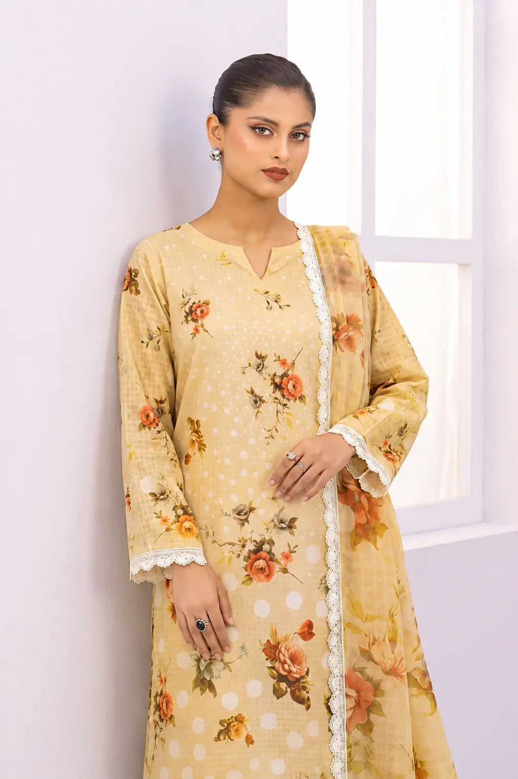 Women's premium lawn unstitched digital printed dress with elegant lace dupatta
