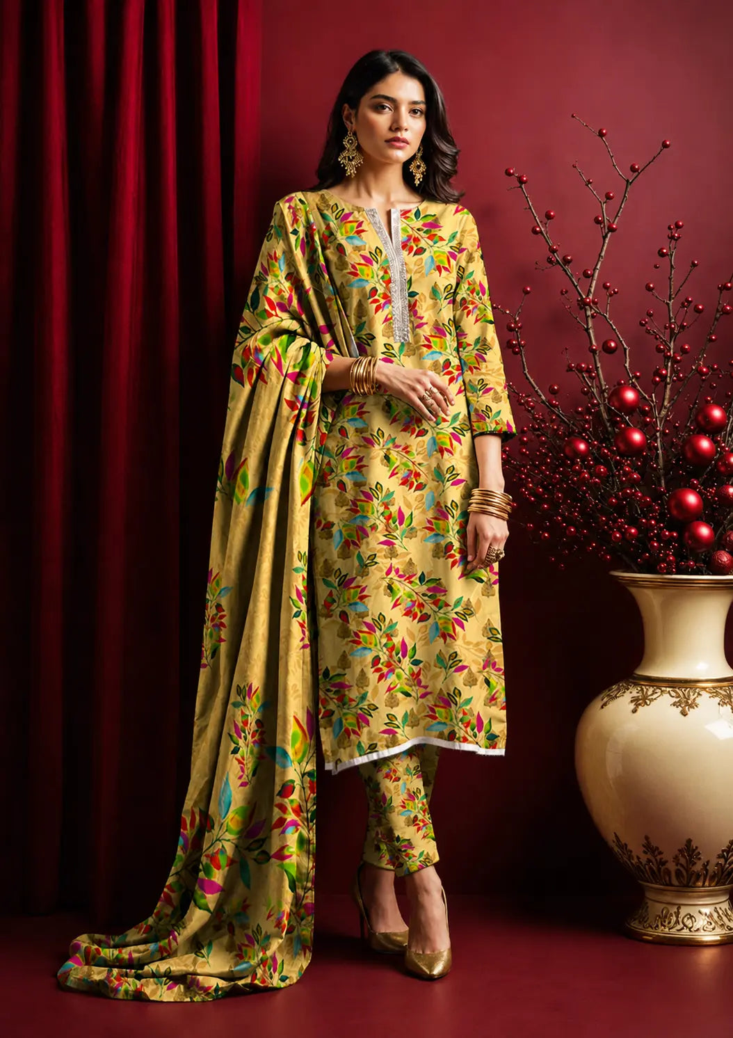Yellow Botanical Digital Printed Linen 3 Piece Unstitched Suit with Leafy Multi-Colour Print, Printed Dupatta and All-Over Printed Trouser
